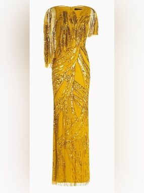 Theia Gold Sequin Fringe Gown